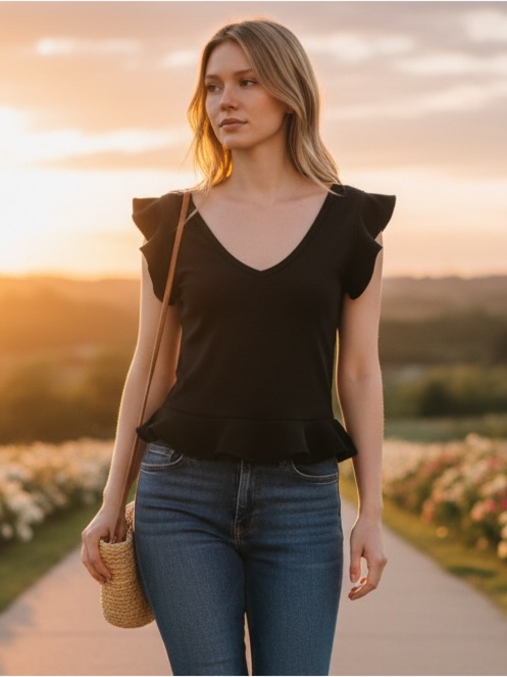 Sincerely Jules Black V-Neck Ruffle Back Crop Top. Measurements in photos.